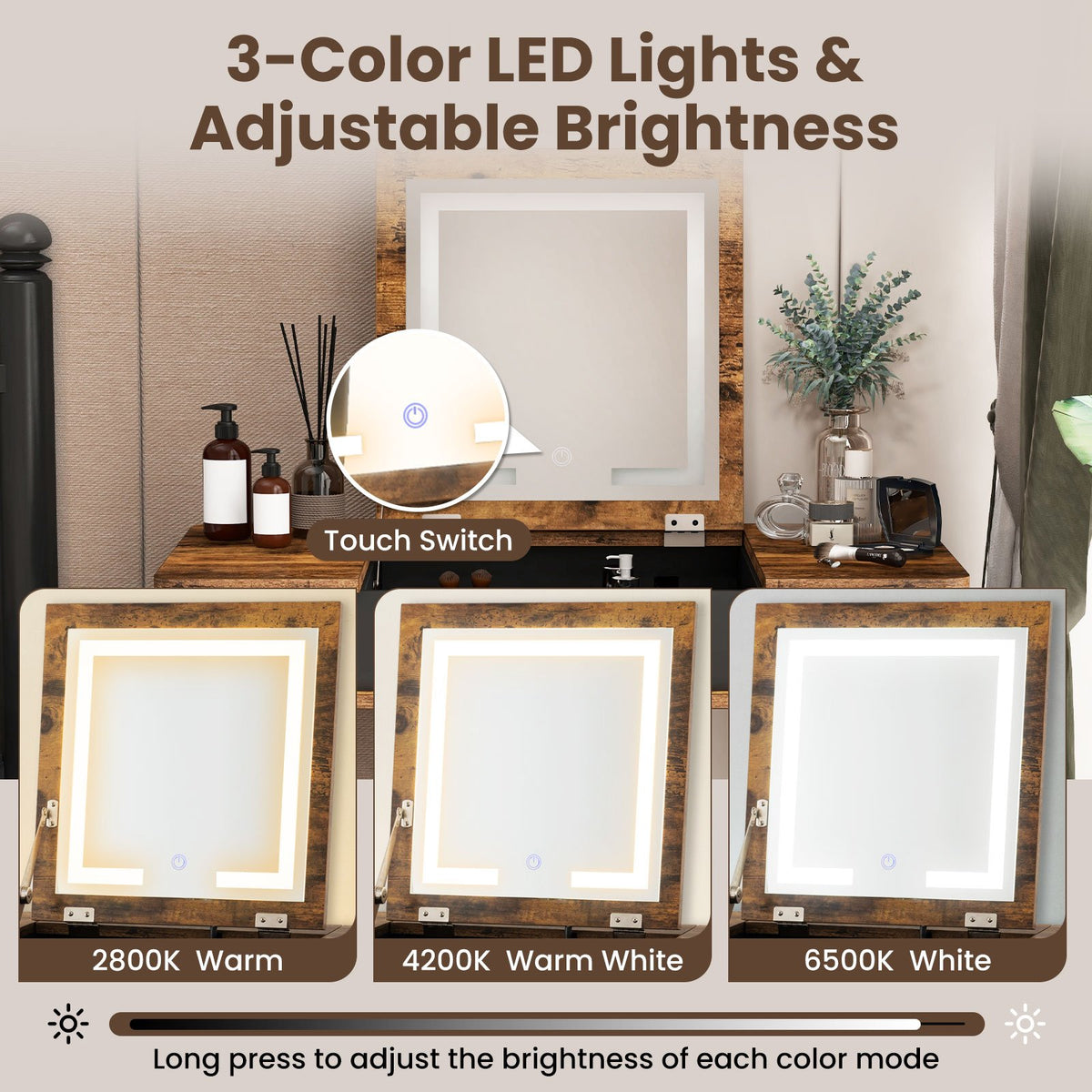 Vanity Table Set with Flip Top Mirror Lights USB Writing Desk and Stool-Brown view 8