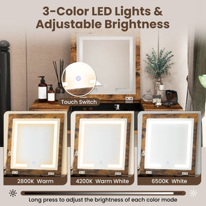 Vanity Table Set with Flip Top Mirror Lights USB Writing Desk and Stool-Brown view 8