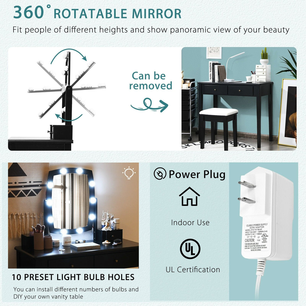 Vanity Table Set with Lighted Mirror for Bedroom and Dressing Room-Black view 3