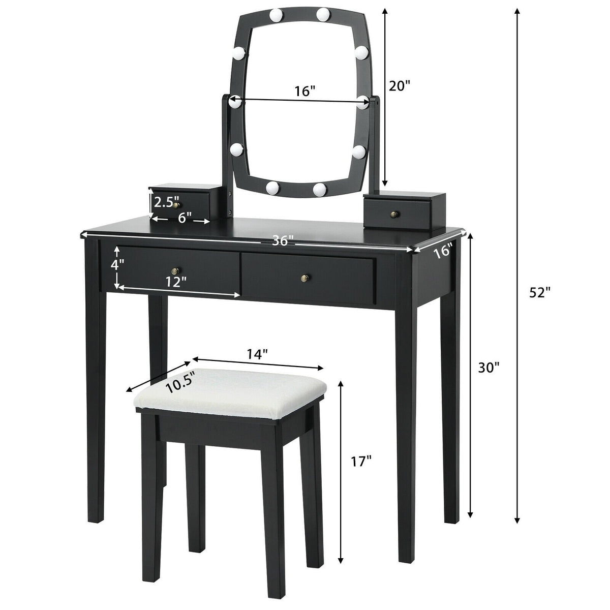 Vanity Table Set with Lighted Mirror for Bedroom and Dressing Room-Black view 4