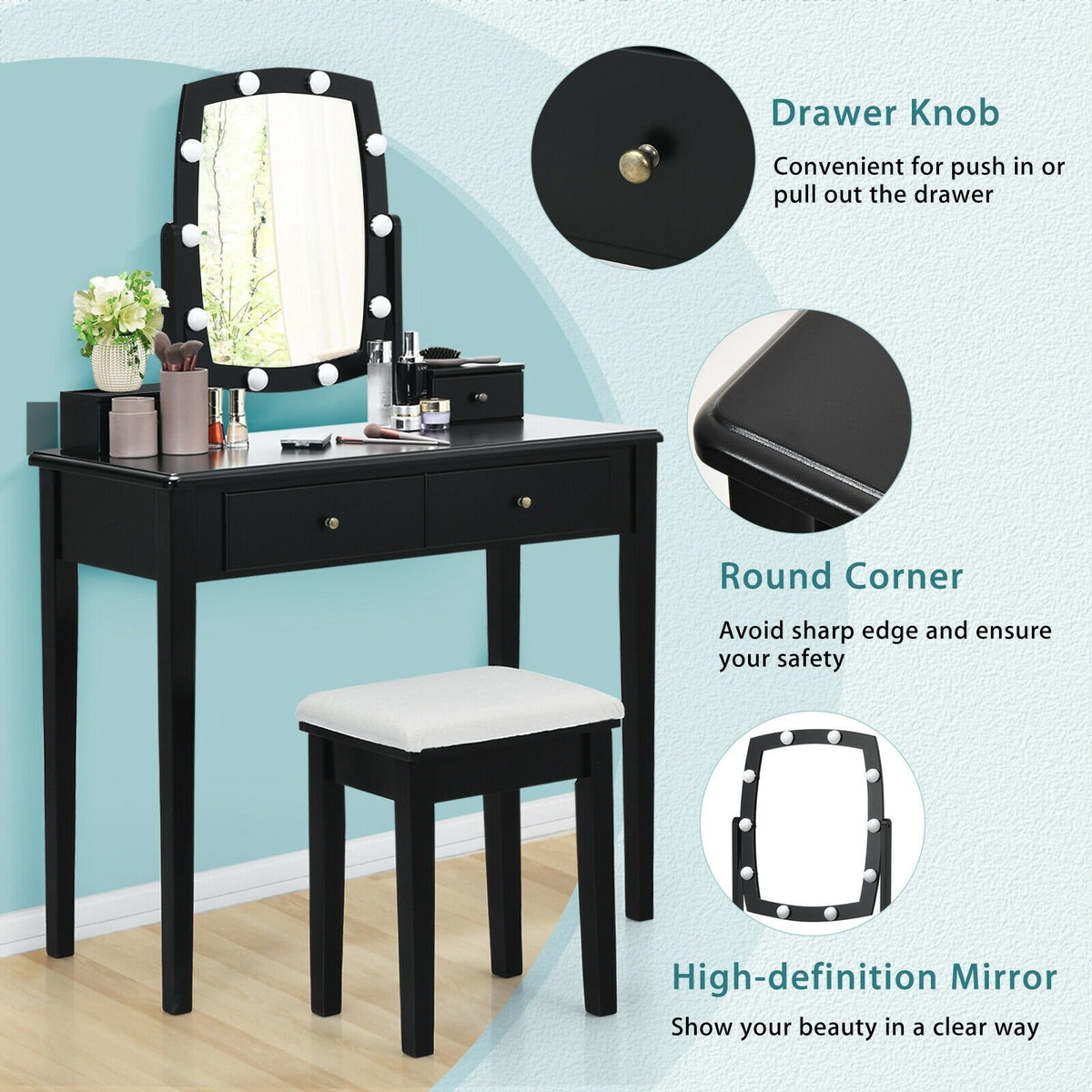 Vanity Table Set with Lighted Mirror for Bedroom and Dressing Room-Black view 5