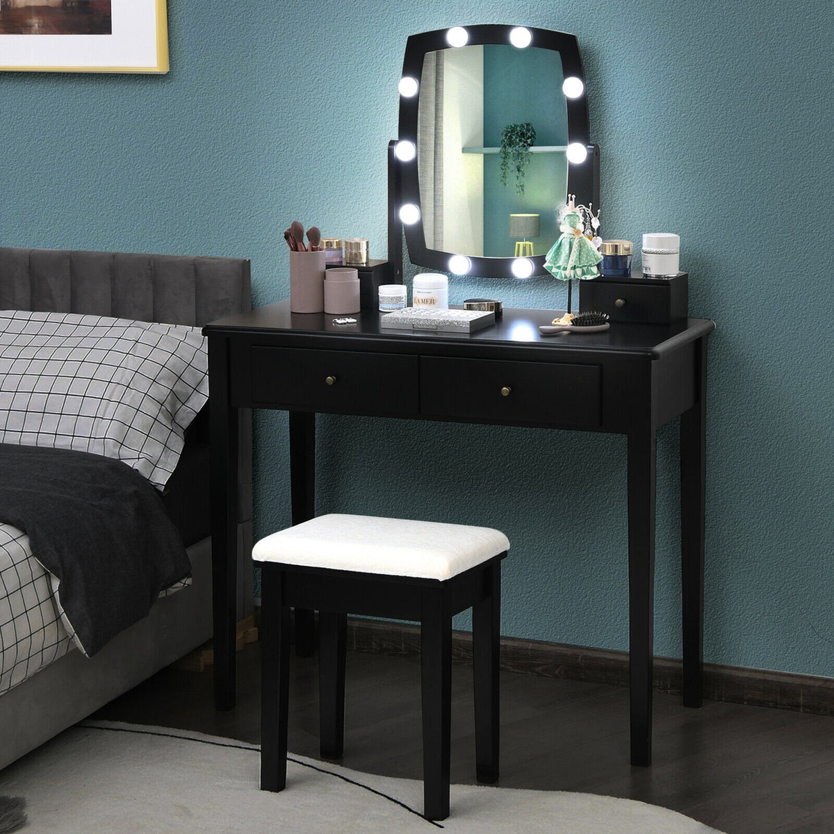 Vanity Table Set with Lighted Mirror for Bedroom and Dressing Room-Black view 6