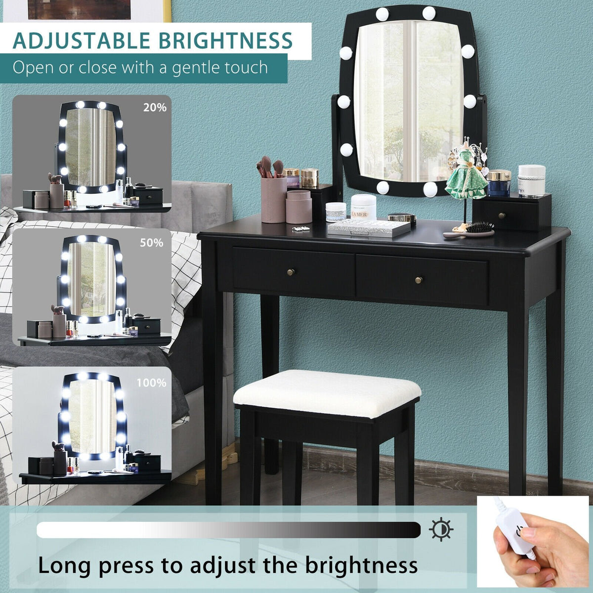Vanity Table Set with Lighted Mirror for Bedroom and Dressing Room-Black view 8