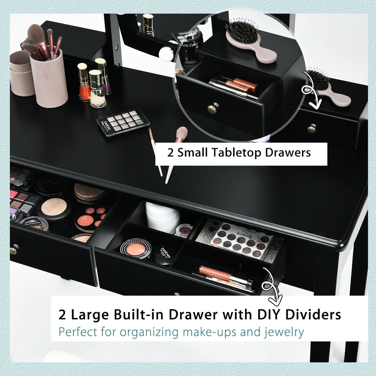 Vanity Table Set with Lighted Mirror for Bedroom and Dressing Room-Black view 9