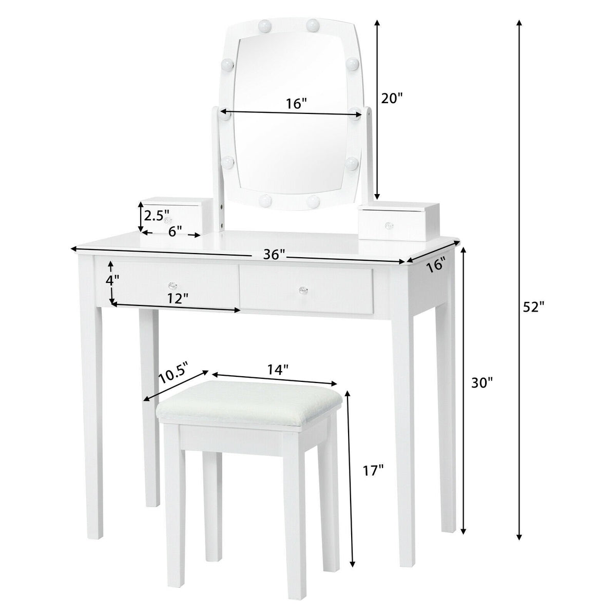 Vanity Table Set with Lighted Mirror for Bedroom and Dressing Room-White view 4