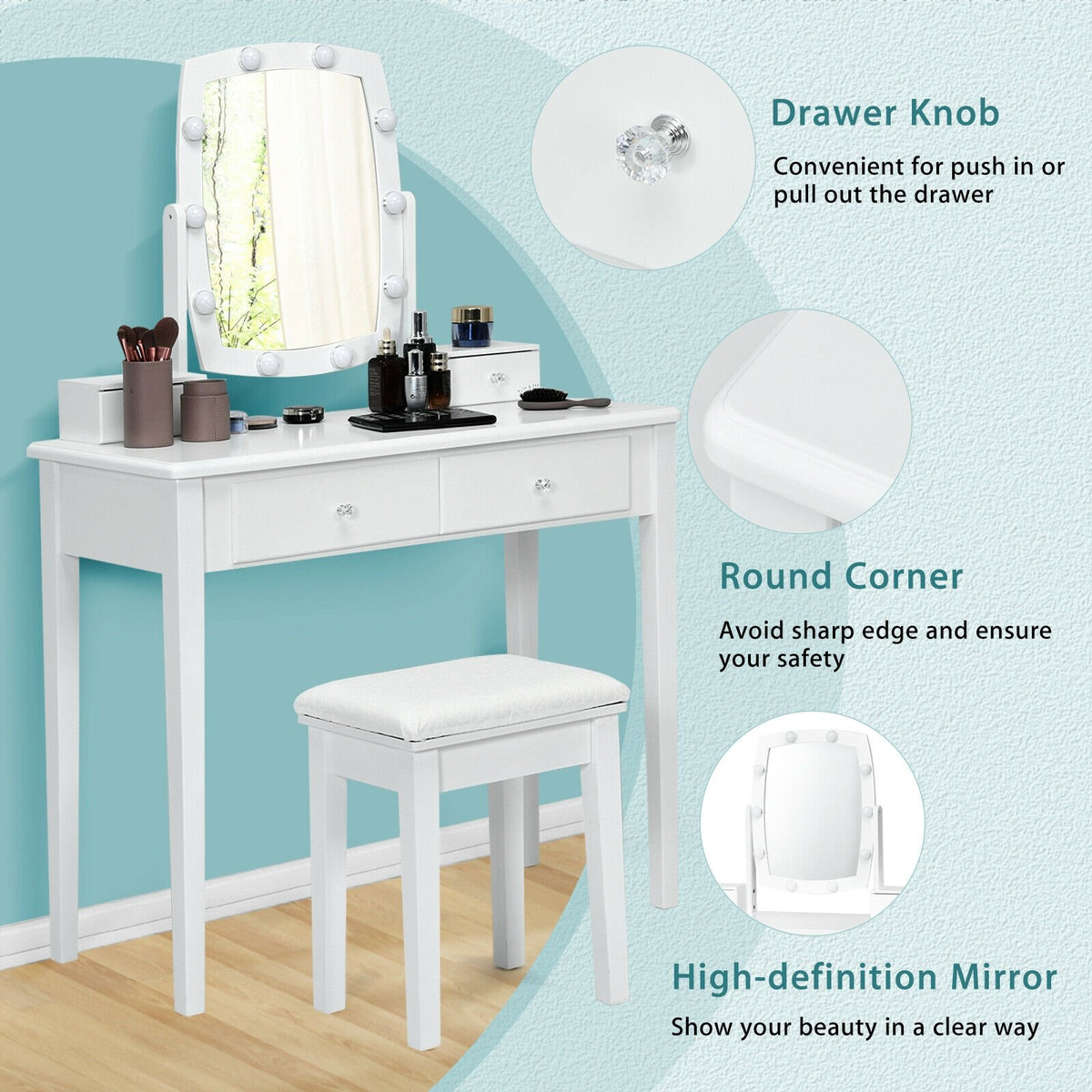 Vanity Table Set with Lighted Mirror for Bedroom and Dressing Room-White view 5