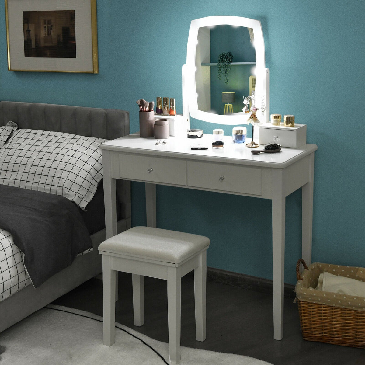 Vanity Table Set with Lighted Mirror for Bedroom and Dressing Room-White view 6