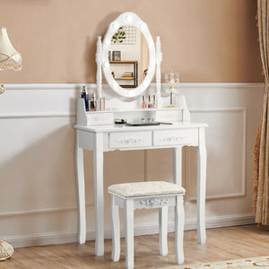 Makeup Vanity Dressing Table Set with Dimmable Bulbs Cushioned Stool-White view 2