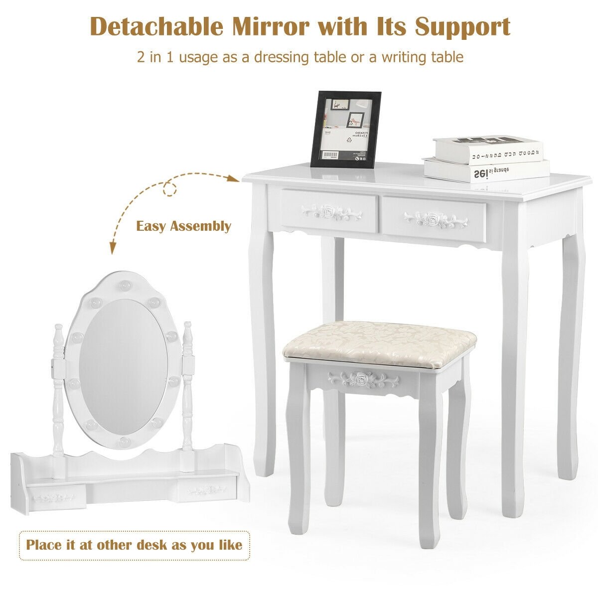 Makeup Vanity Dressing Table Set with Dimmable Bulbs Cushioned Stool-White view 5