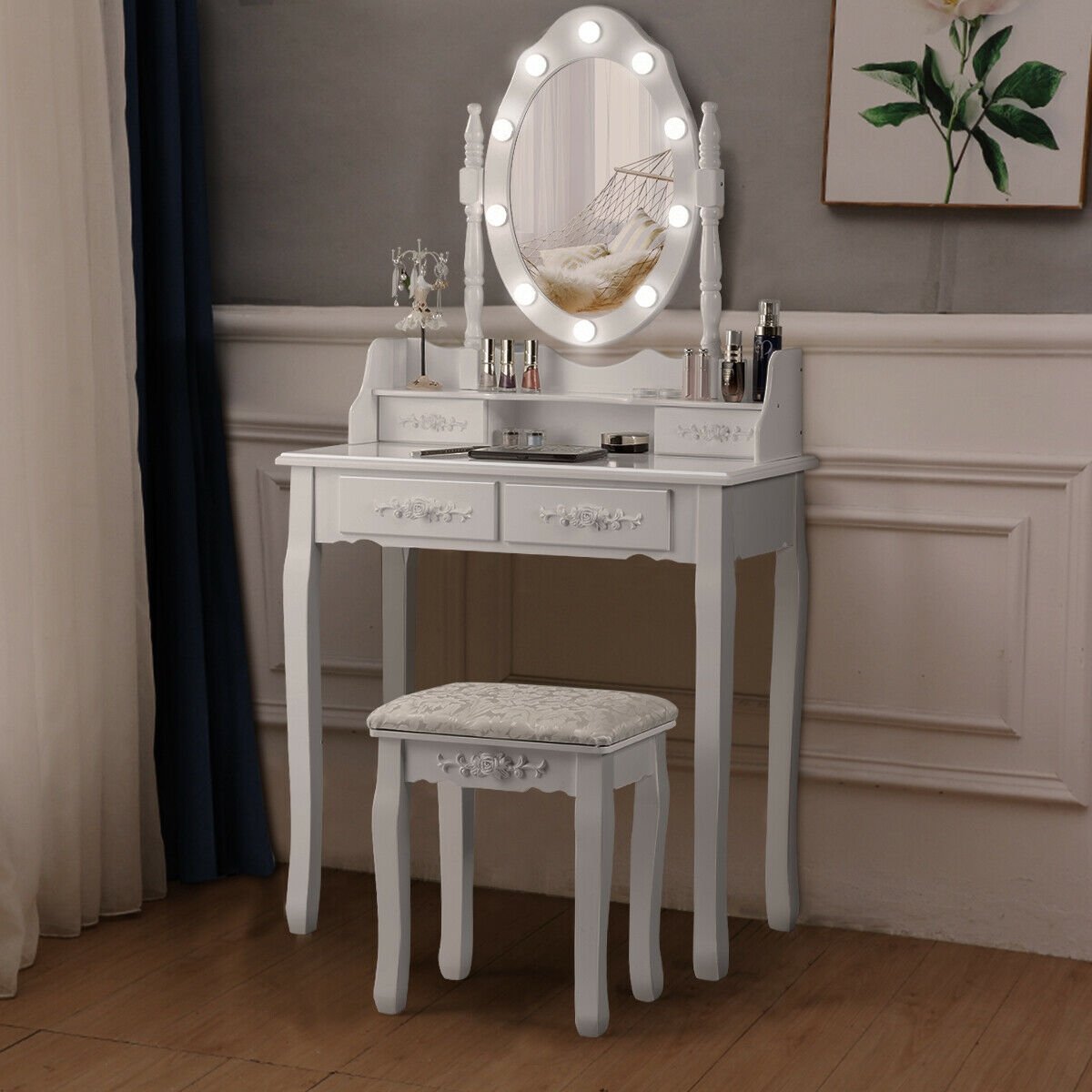 Makeup Vanity Dressing Table Set with Dimmable Bulbs Cushioned Stool-White view 6