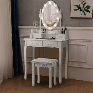 Makeup Vanity Dressing Table Set with Dimmable Bulbs Cushioned Stool-White view 6
