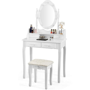 Makeup Vanity Dressing Table Set with Dimmable Bulbs Cushioned Stool-White view 7