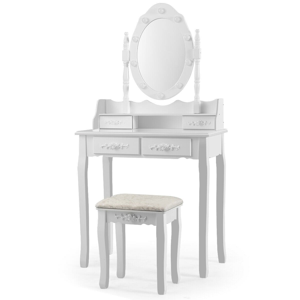 Makeup Vanity Dressing Table Set with Dimmable Bulbs Cushioned Stool-White view 8