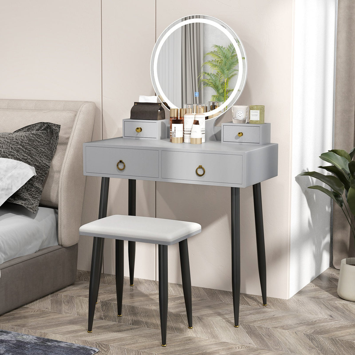 Vanity Table Set with Mirror-Gray view 2