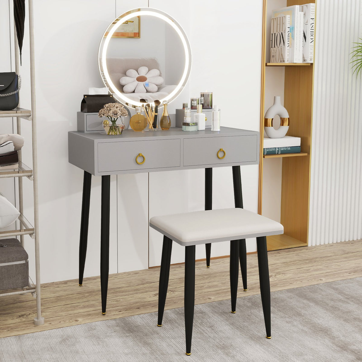 Vanity Table Set with Mirror-Gray view 6