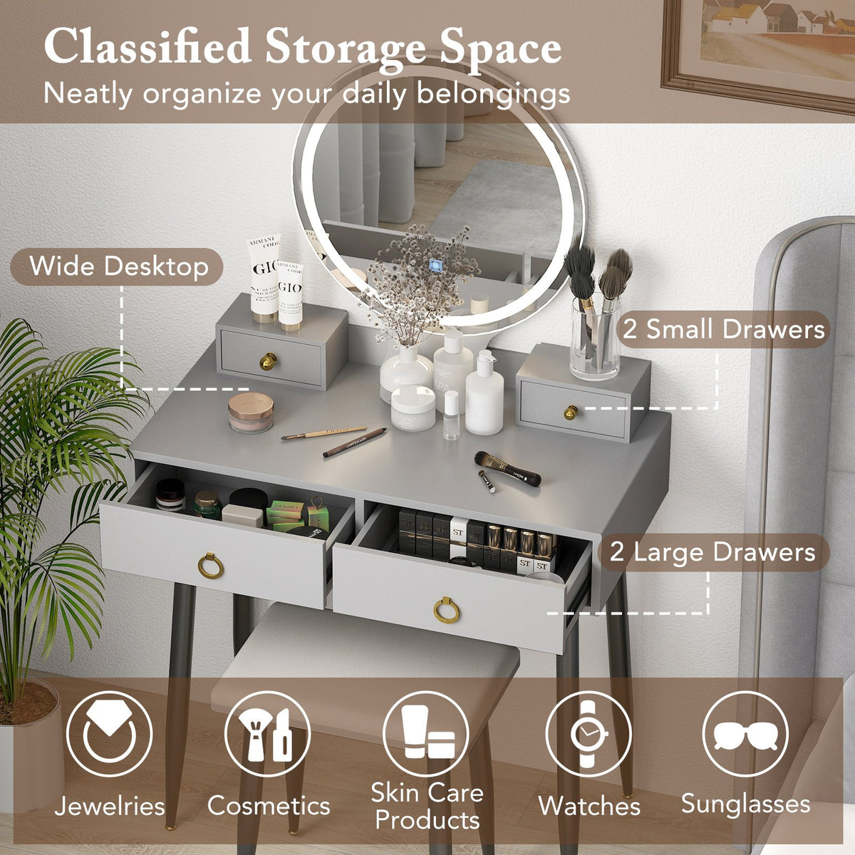 Vanity Table Set with Mirror-Gray view 8