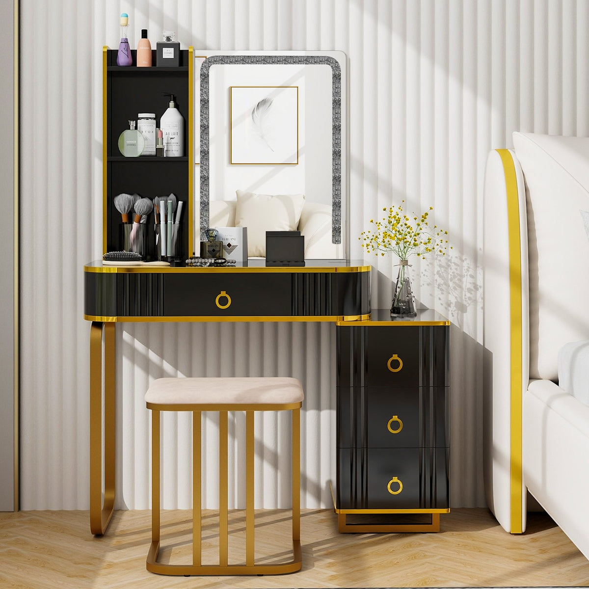 Vanity Table Set with RGB LED Lights and Wireless Charging Station-Black view 2