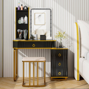 Vanity Table Set with RGB LED Lights and Wireless Charging Station-Black view 2