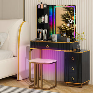 Vanity Table Set with RGB LED Lights and Wireless Charging Station-Black view 6