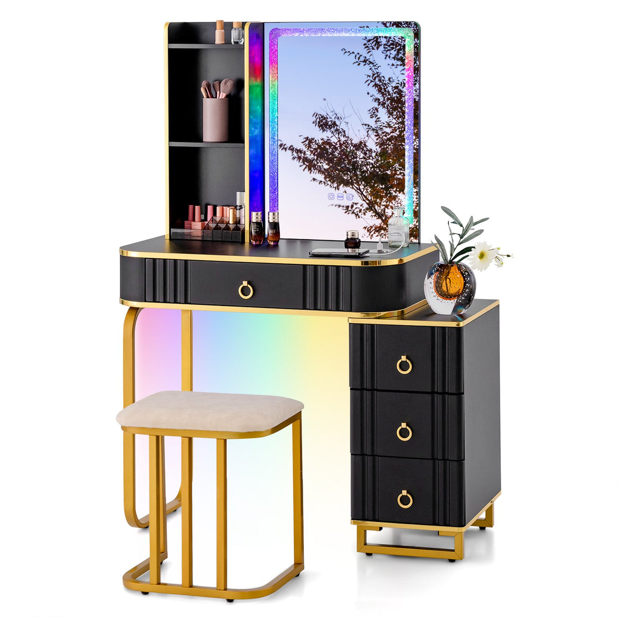 Vanity Table Set with RGB LED Lights and Wireless Charging Station-Black view 7