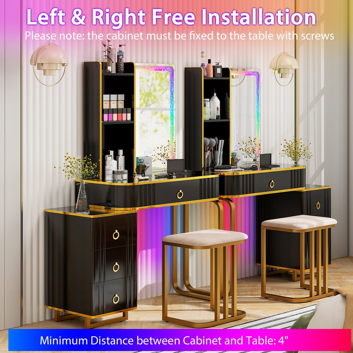Vanity Table Set with RGB LED Lights and Wireless Charging Station-Black view 8