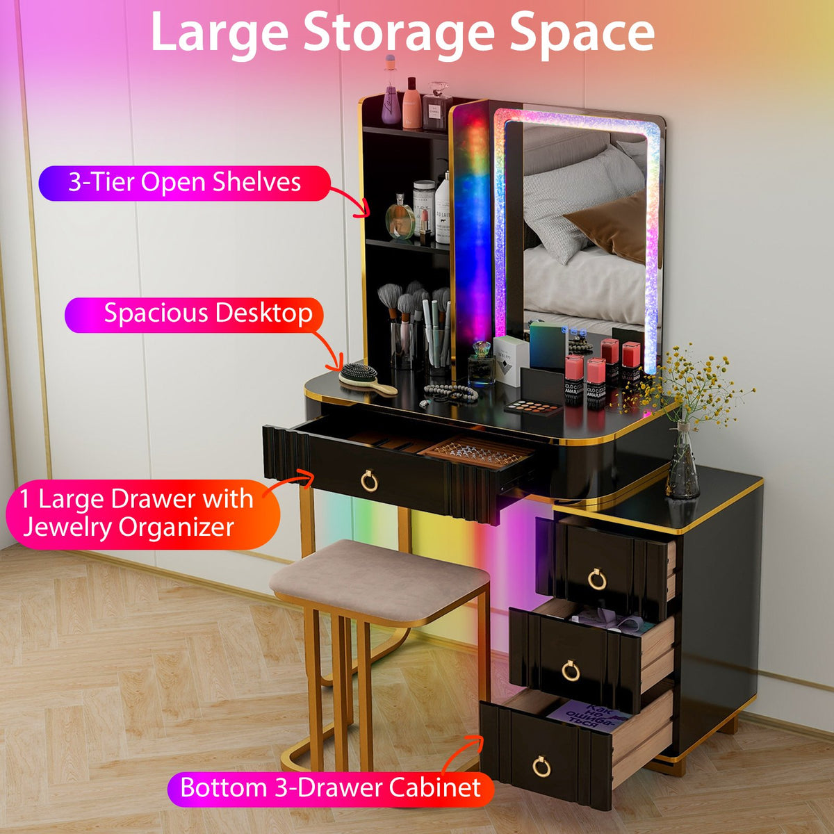Vanity Table Set with RGB LED Lights and Wireless Charging Station-Black view 9