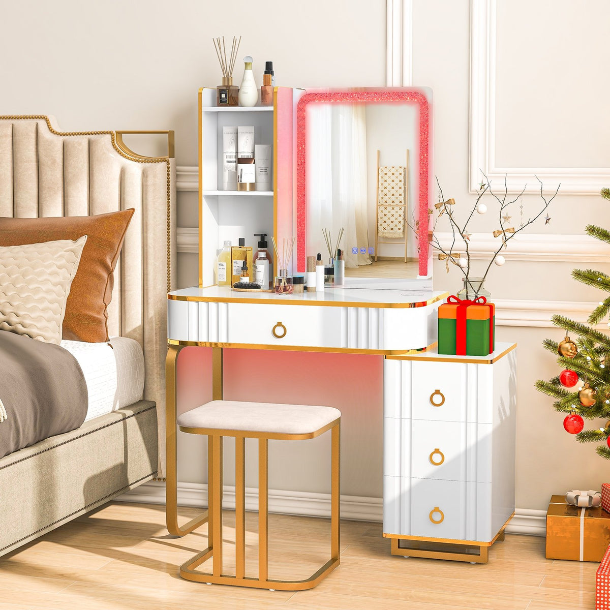 Vanity Table Set with RGB LED Lights and Wireless Charging Station-White view 2