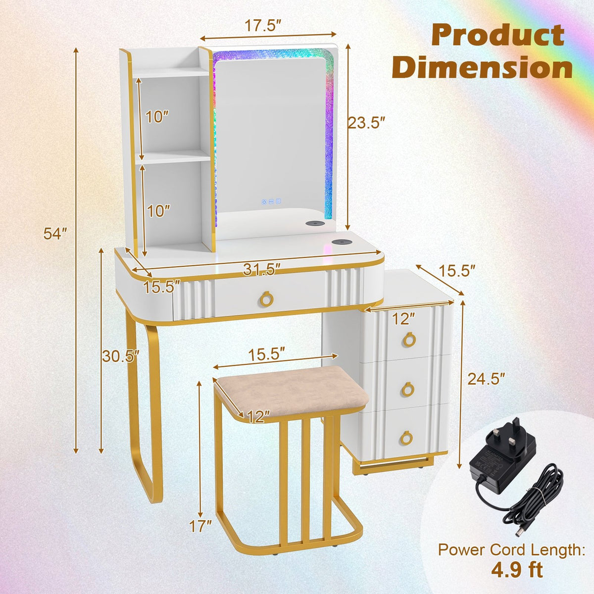 Vanity Table Set with RGB LED Lights and Wireless Charging Station-White view 4