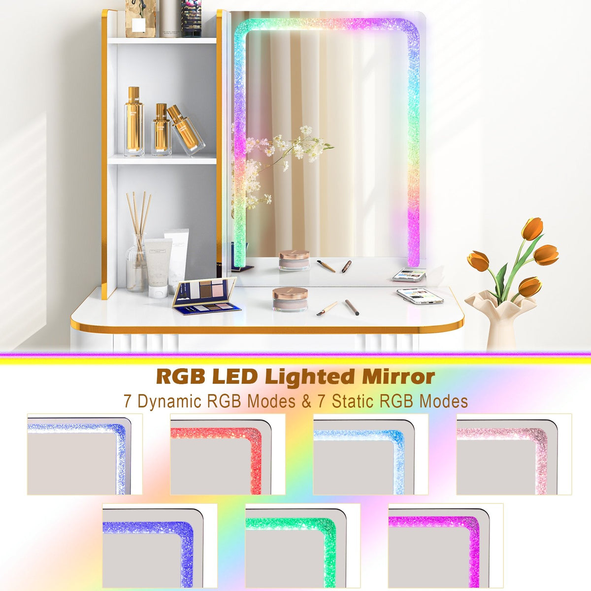 Vanity Table Set with RGB LED Lights and Wireless Charging Station-White view 7