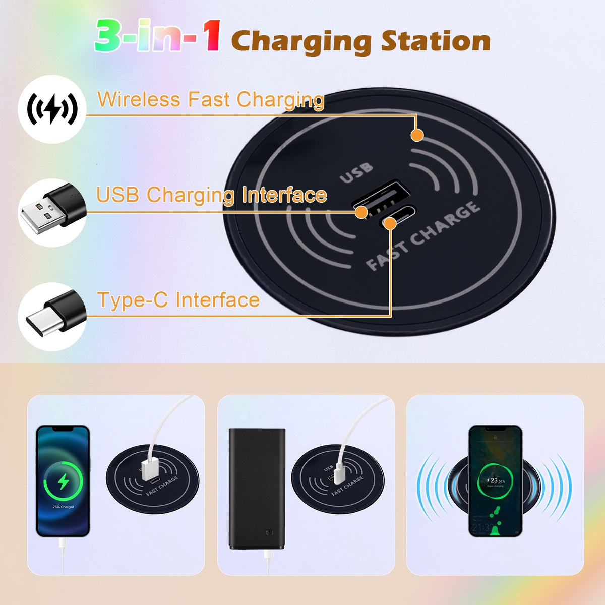 Vanity Table Set with RGB LED Lights and Wireless Charging Station-White view 9