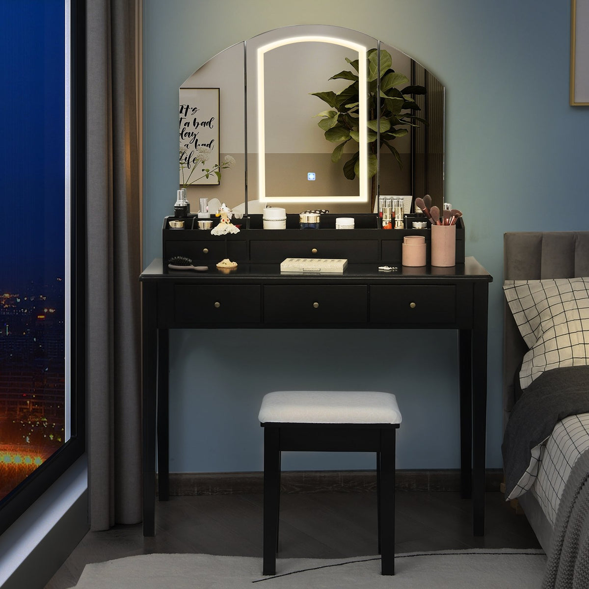 Vanity Table Stool Set with Large Tri-folding Lighted Mirror-Black view 2