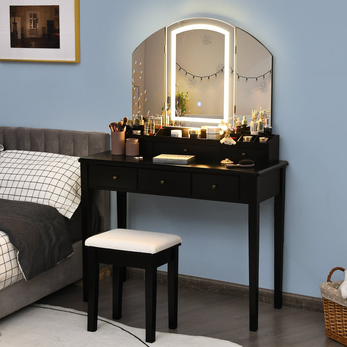 Vanity Table Stool Set with Large Tri-folding Lighted Mirror-Black view 3