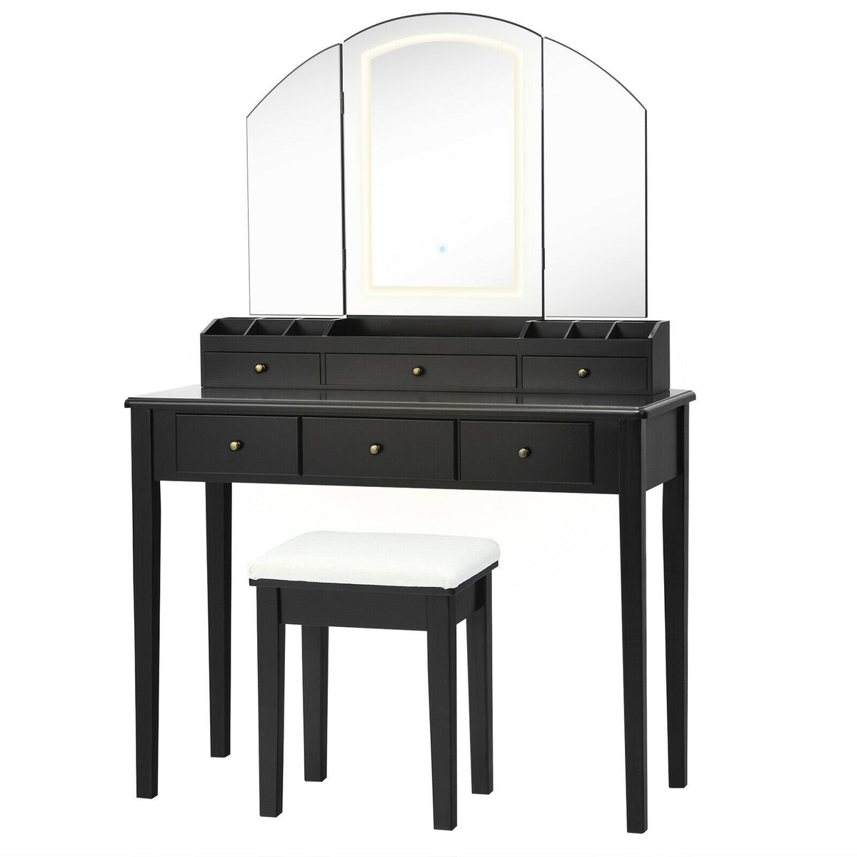 Vanity Table Stool Set with Large Tri-folding Lighted Mirror-Black view 4