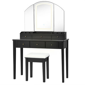 Vanity Table Stool Set with Large Tri-folding Lighted Mirror-Black view 4