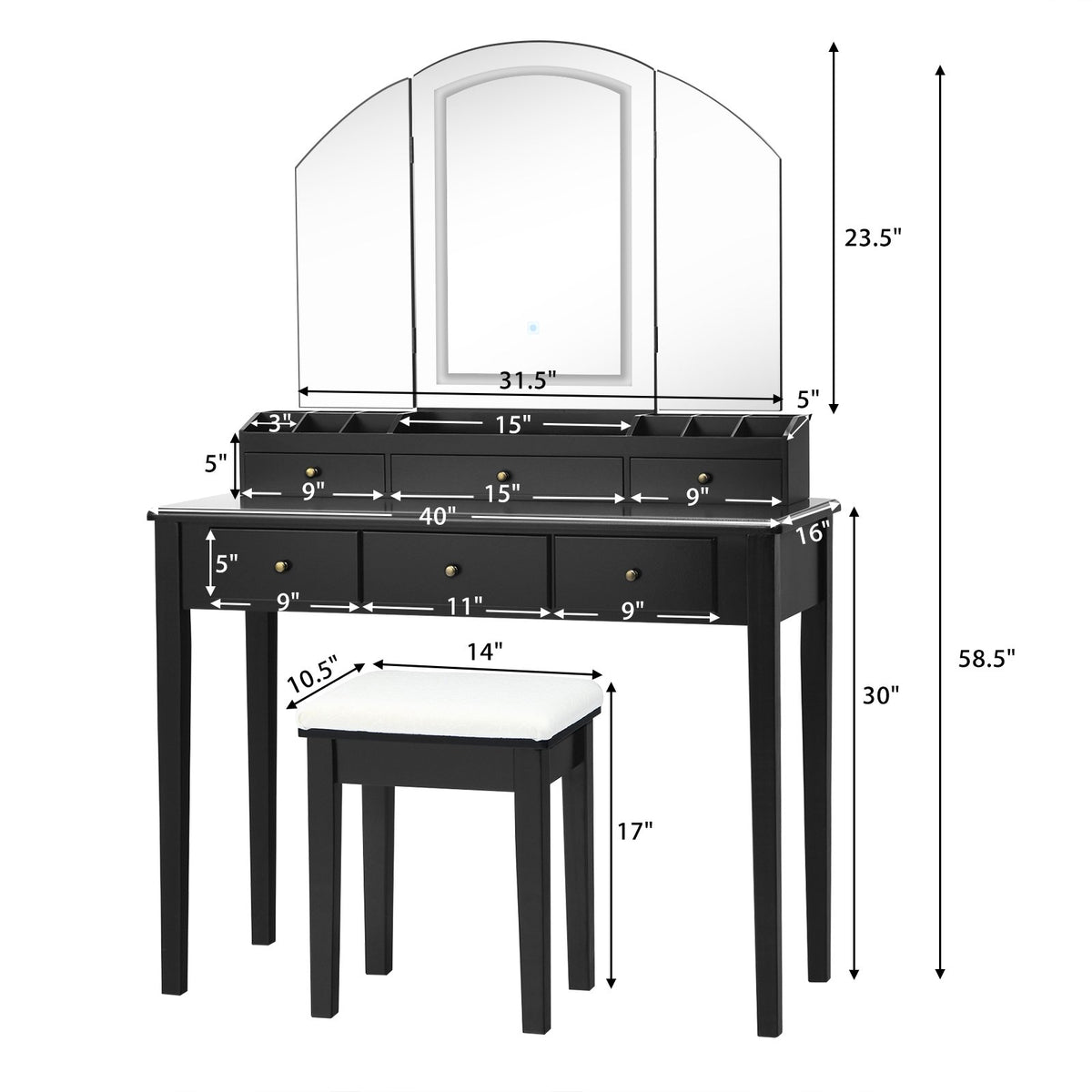 Vanity Table Stool Set with Large Tri-folding Lighted Mirror-Black view 5