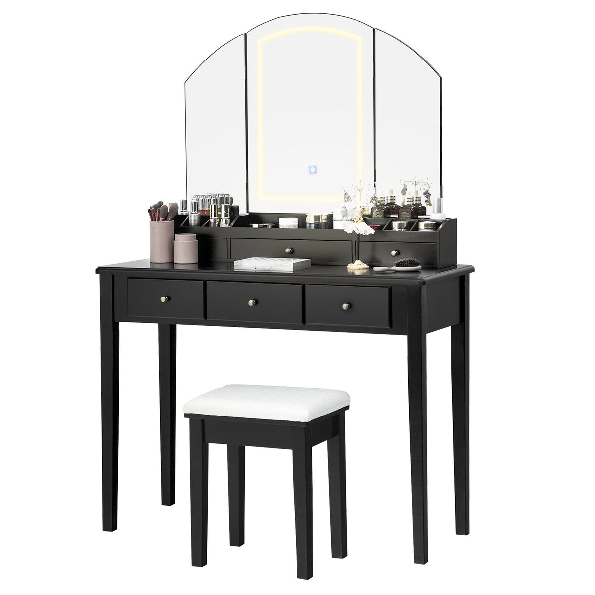 Vanity Table Stool Set with Large Tri-folding Lighted Mirror-Black view 6