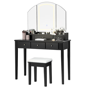 Vanity Table Stool Set with Large Tri-folding Lighted Mirror-Black view 6