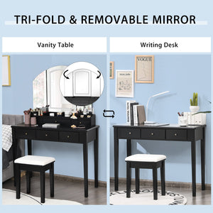 Vanity Table Stool Set with Large Tri-folding Lighted Mirror-Black view 7
