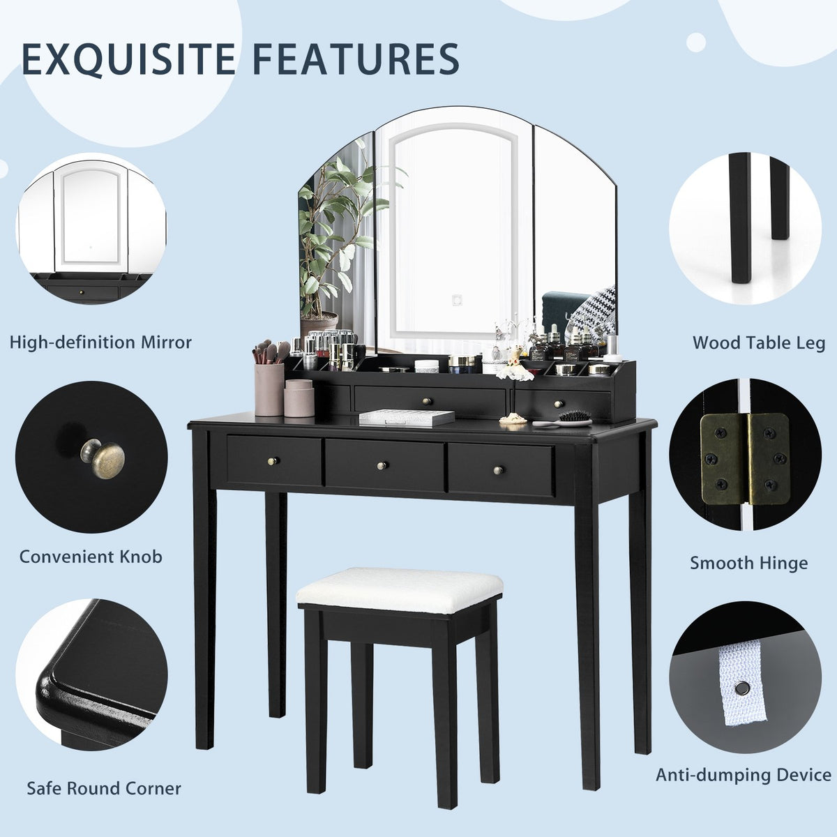 Vanity Table Stool Set with Large Tri-folding Lighted Mirror-Black view 9