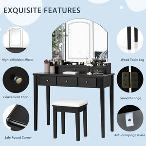 Vanity Table Stool Set with Large Tri-folding Lighted Mirror-Black view 9