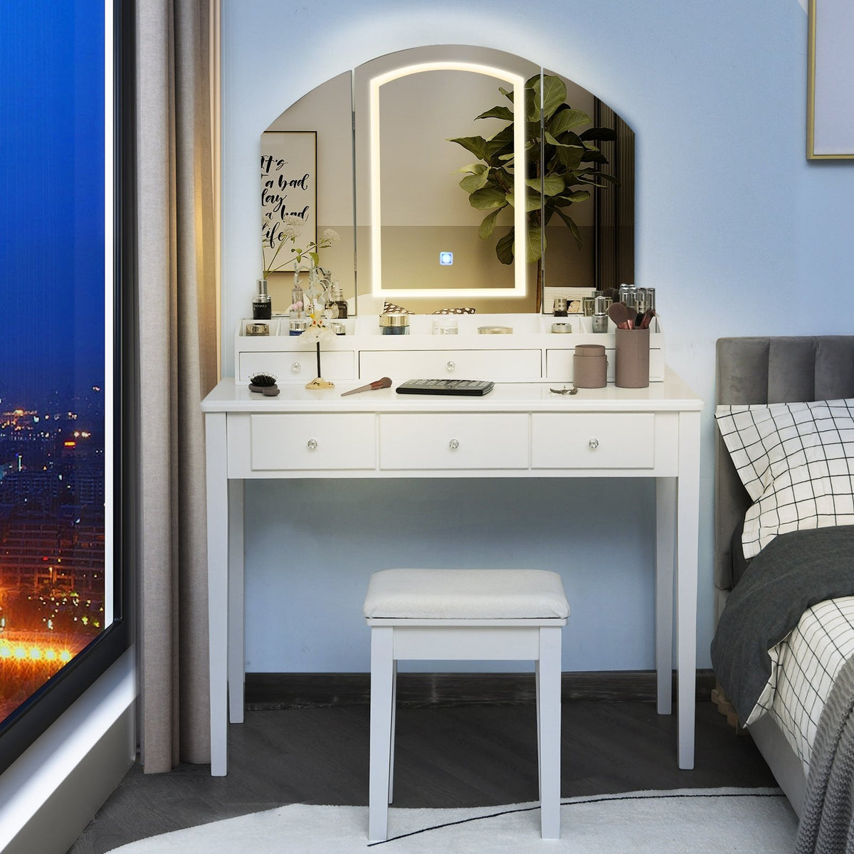 Vanity Table Stool Set with Large Tri-folding Lighted Mirror-White view 2