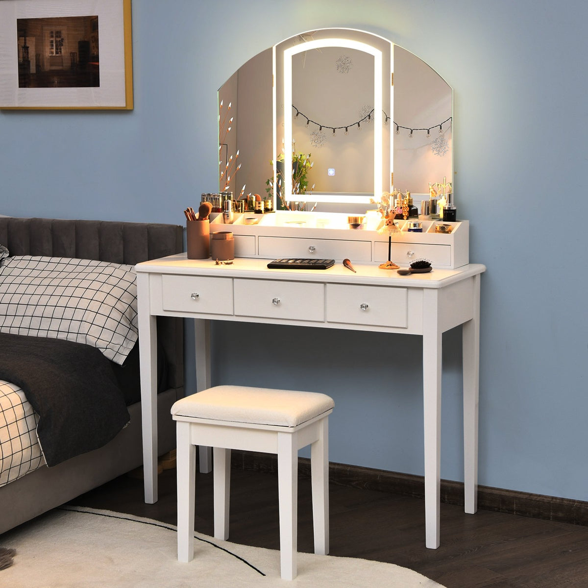 Vanity Table Stool Set with Large Tri-folding Lighted Mirror-White view 3