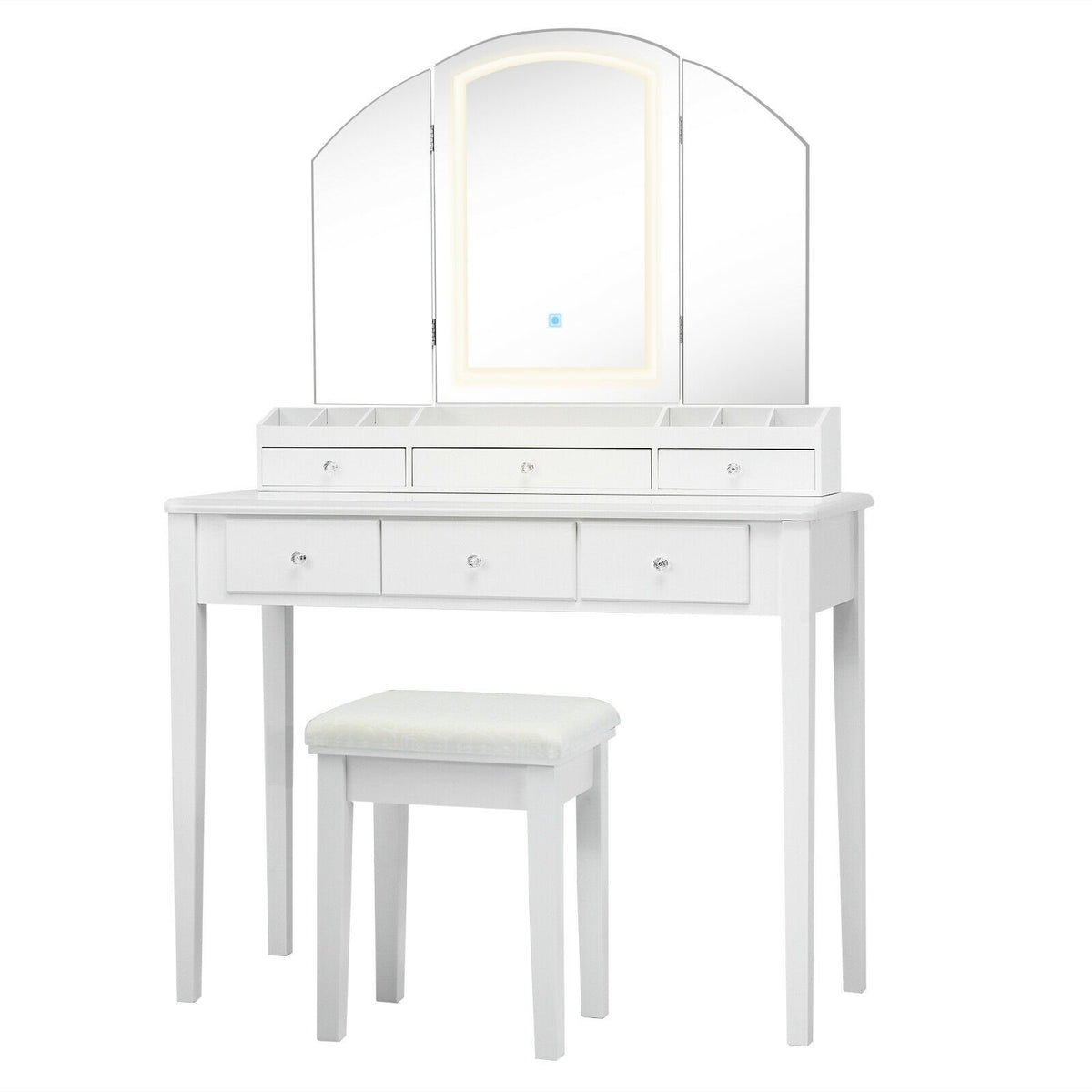Vanity Table Stool Set with Large Tri-folding Lighted Mirror-White view 4