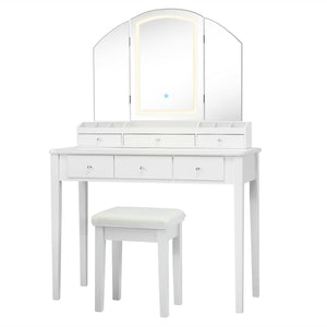 Vanity Table Stool Set with Large Tri-folding Lighted Mirror-White view 4