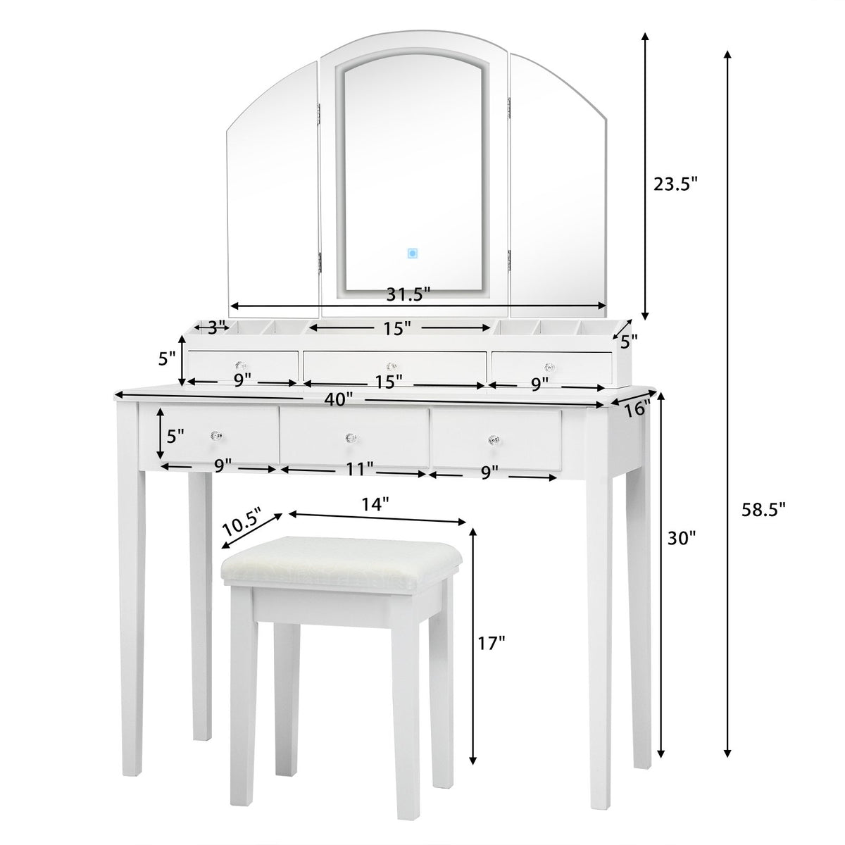 Vanity Table Stool Set with Large Tri-folding Lighted Mirror-White view 5