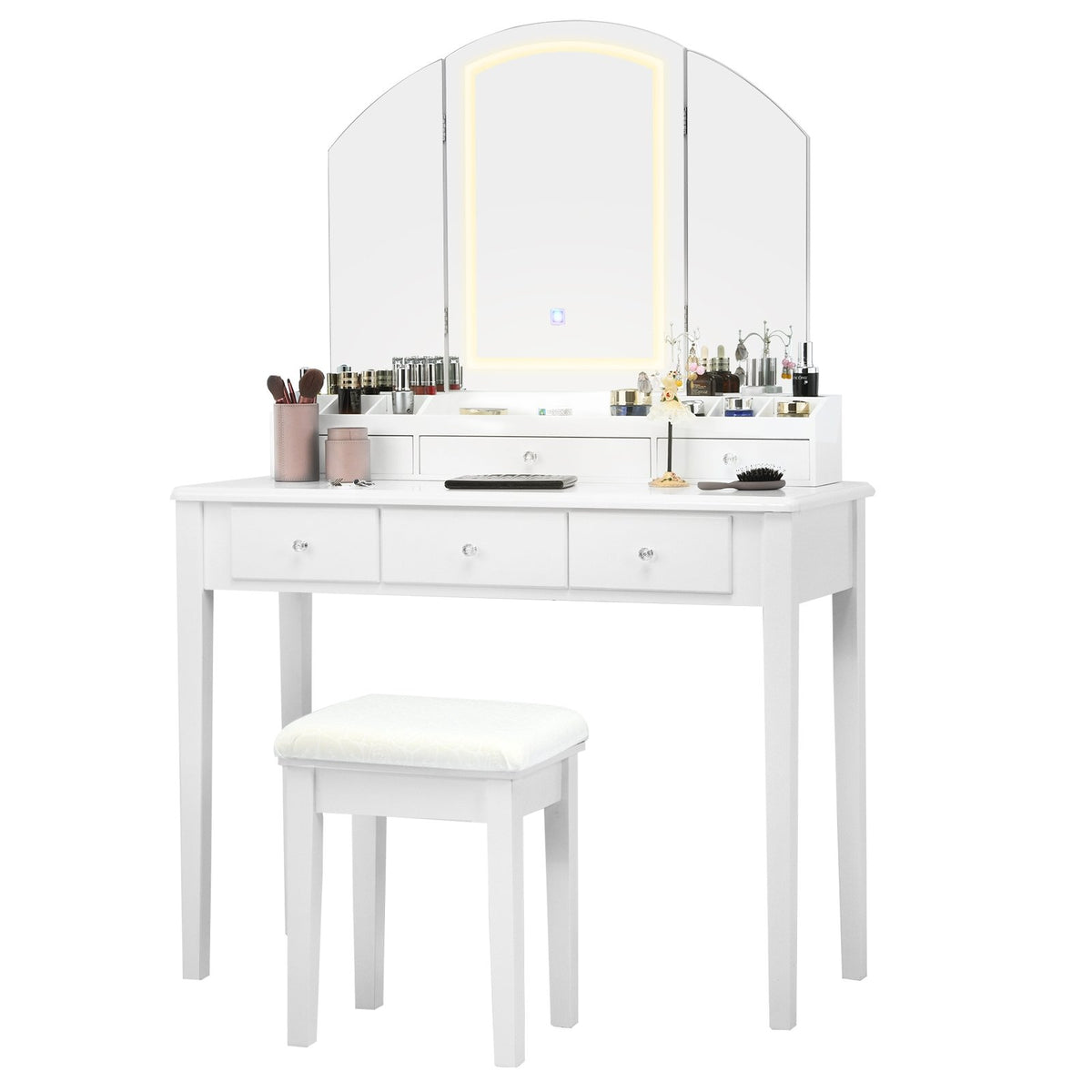 Vanity Table Stool Set with Large Tri-folding Lighted Mirror-White view 6