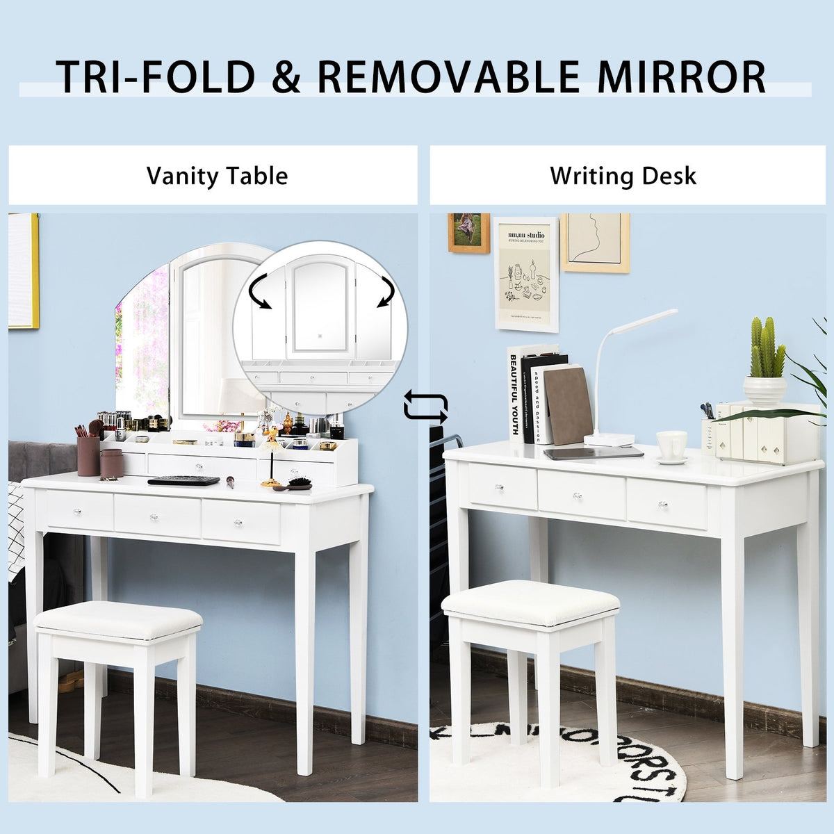 Vanity Table Stool Set with Large Tri-folding Lighted Mirror-White view 7