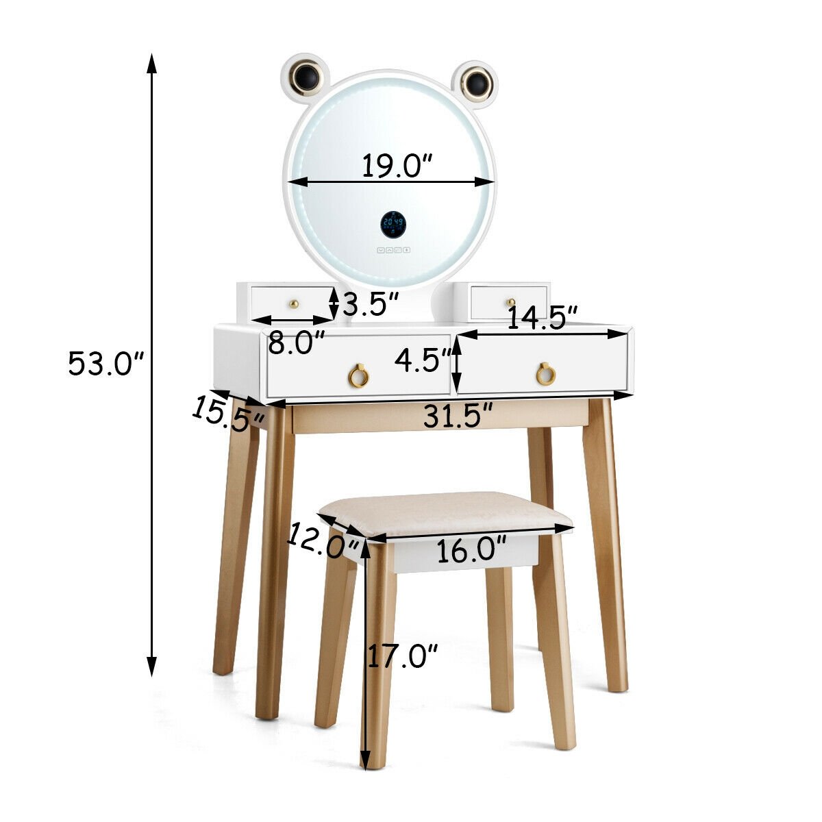 Vanity Set with 3-Color Lighted Touch Screen Dimming Mirror and 4 Drawers view 6