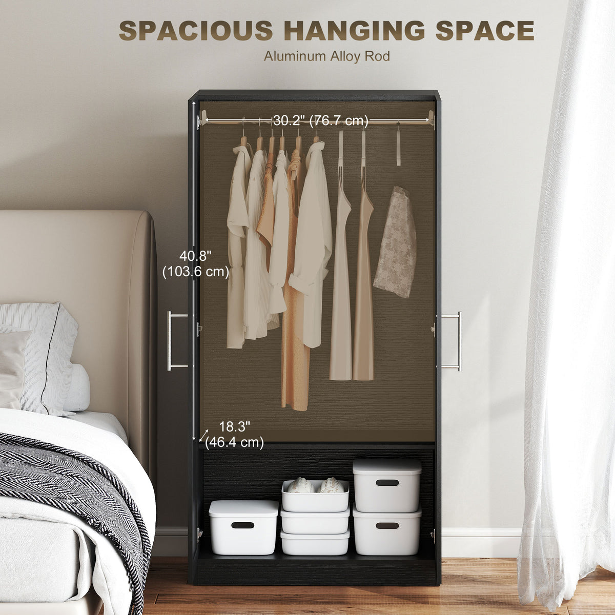Wardrobe Cabinet with 2 Doors and Hanging Rod, Modern Armoire Wardrobe Closet for Bedroom, Black Wood Effect – view 3