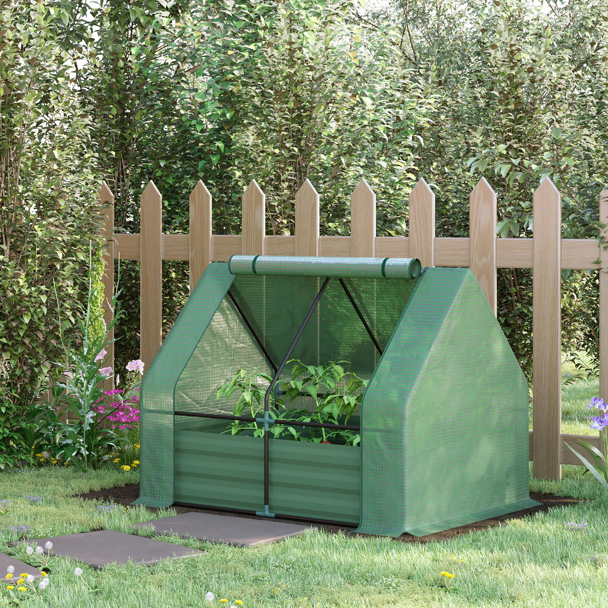 Steel Outdoor Raised Garden Bed with Greenhouse,Cover, Roll Up Door, Dual Use, 50"x37.4"x36.2", Green
